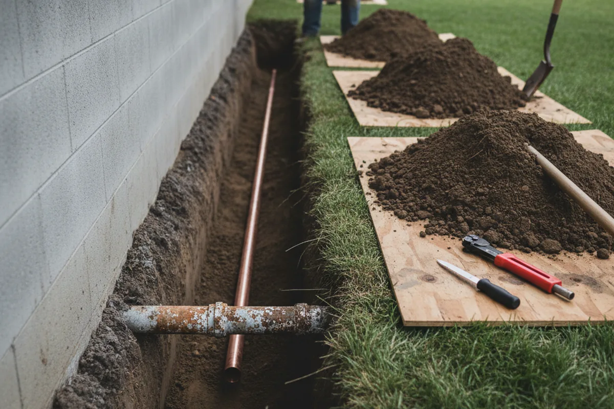 Excavated water line trench during Sewer Line Repair in Glendora